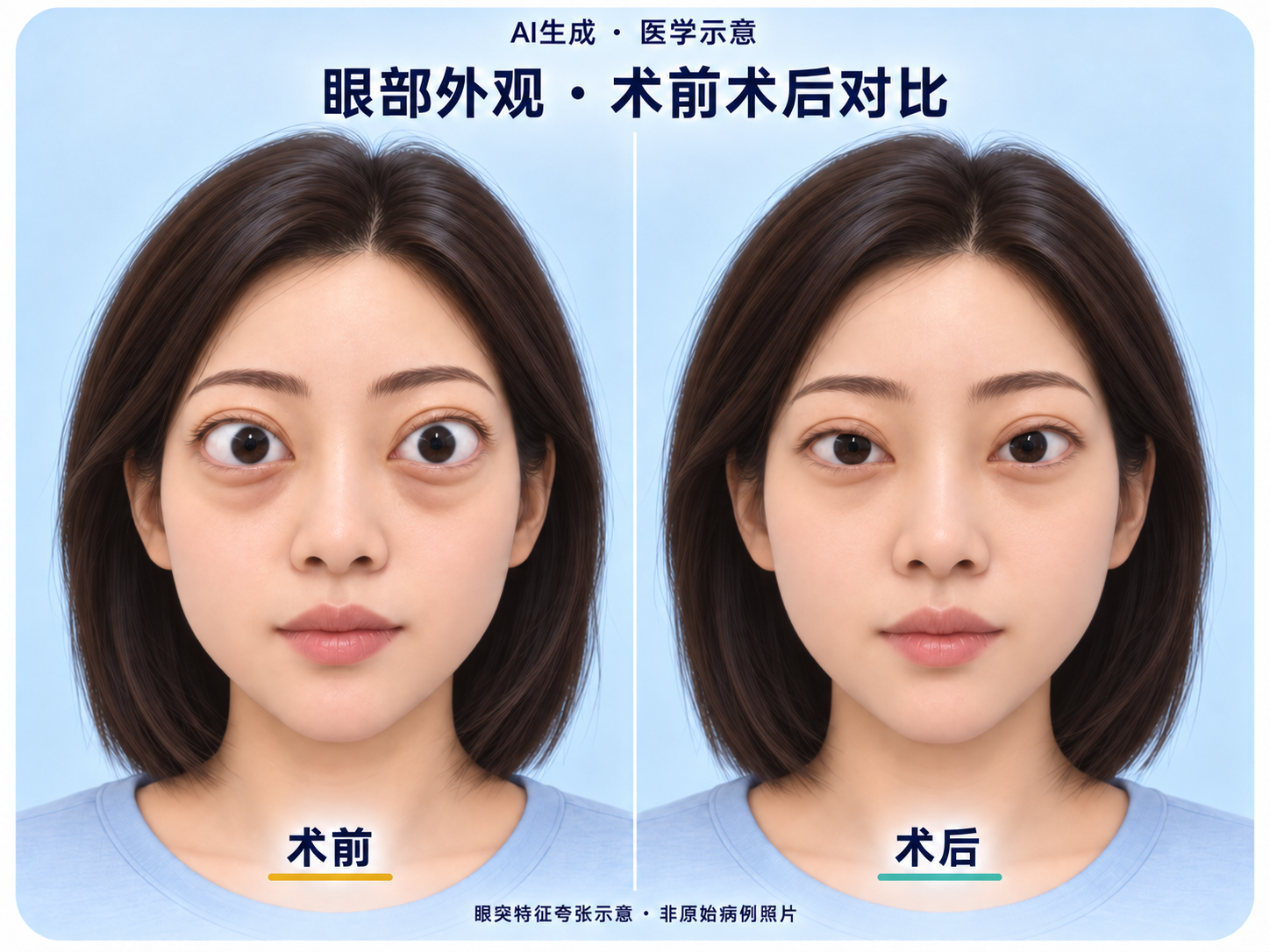 Set 2: AI medical illustration. The original image labels the left and right sides as before and after surgery. These are not original patient photographs.