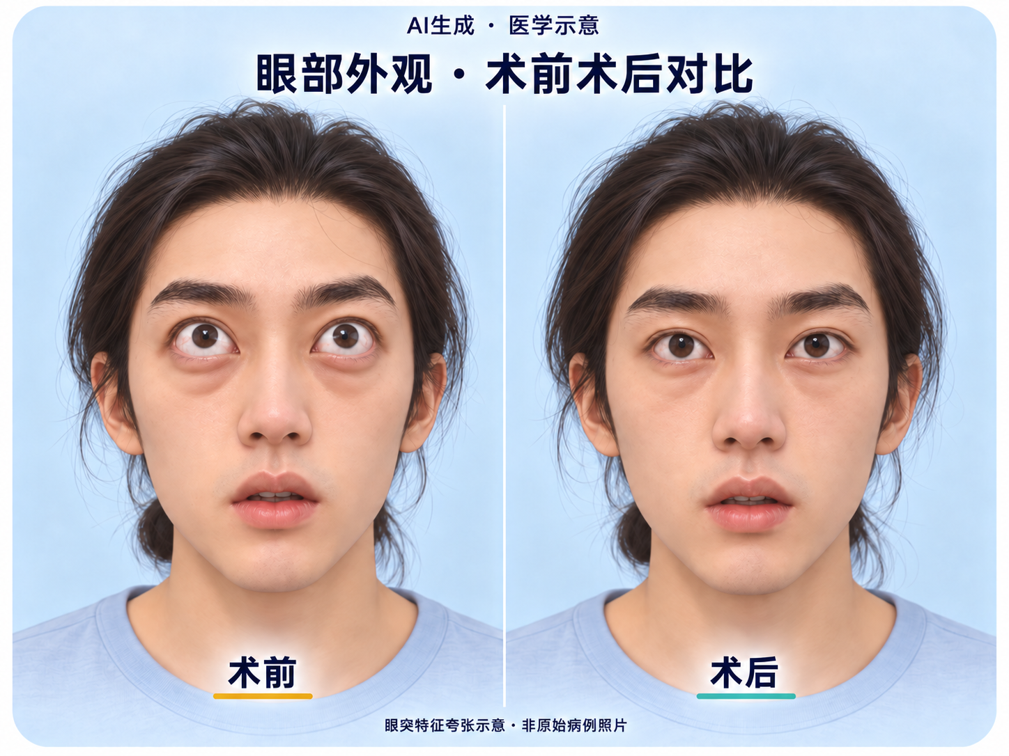 Set 3: AI medical illustration. The original image labels the left and right sides as before and after surgery. These are not original patient photographs.